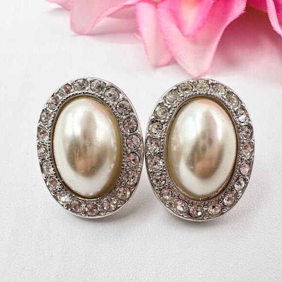 Vintage KJL Kenneth Jay Lane Faux Pearl Cabochon Crystal Rhinestone Earrings - Picture 1 of 15